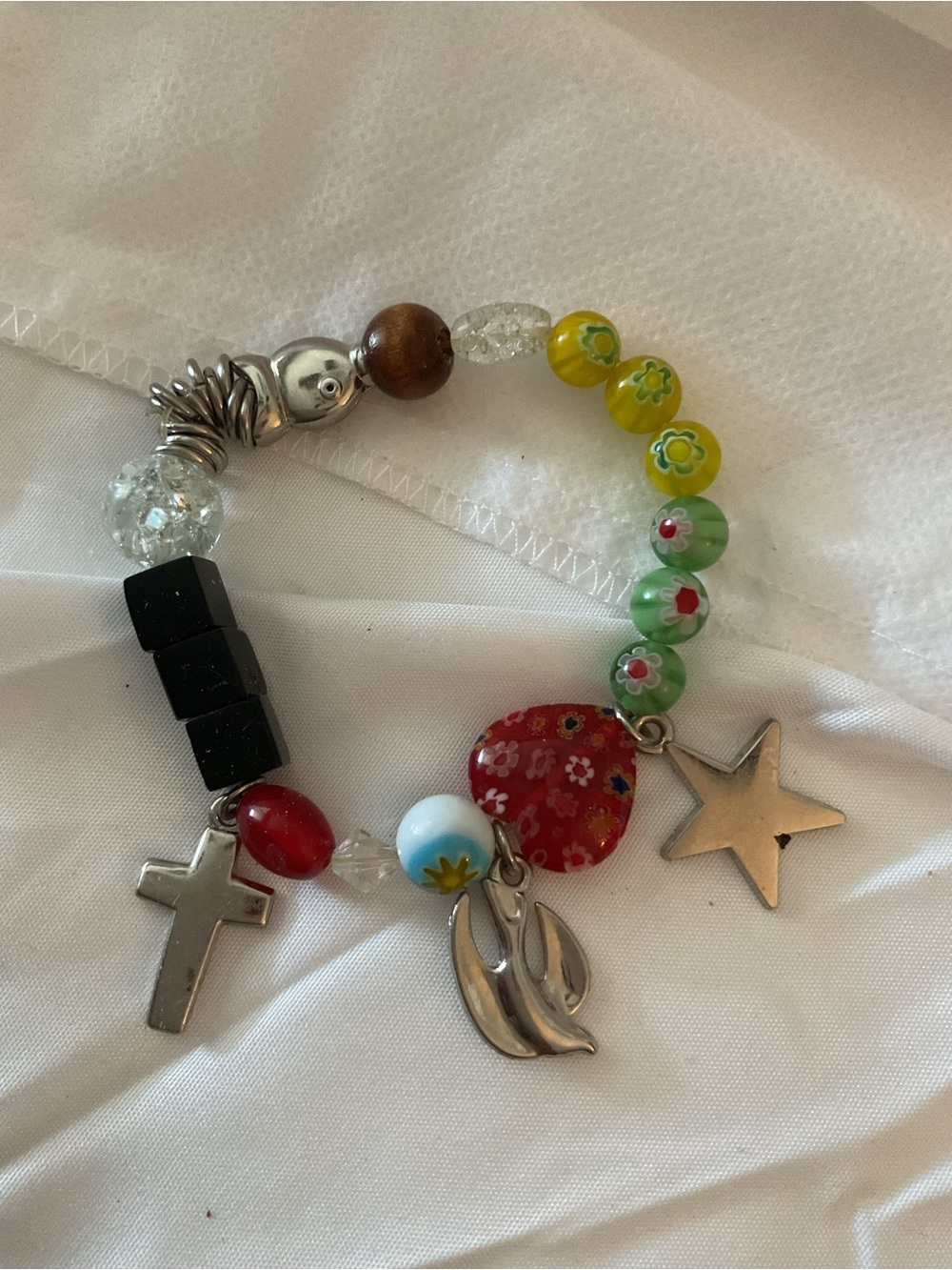 Roman Story of Jesus Colorful Beaded Charm Bracelet star, fish, cross stretch